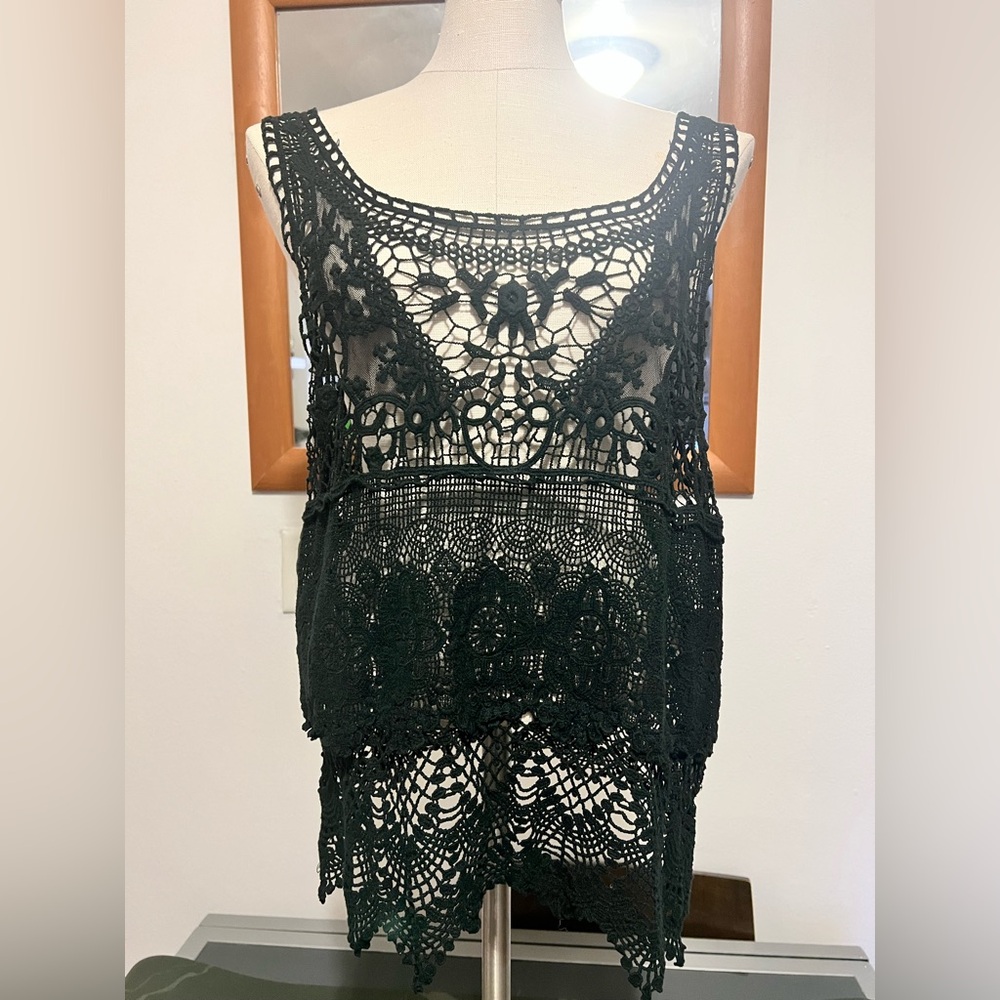 Costa Blanca Black Crochet Tank Top